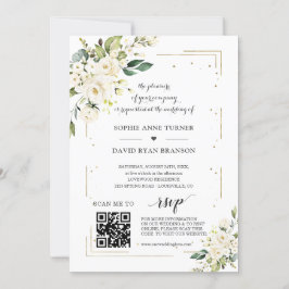 Convite Casamento Dourado com Flores Brancas do Código QR 