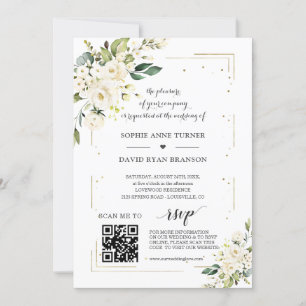 Convite Casamento Dourado com Flores Brancas do Código QR