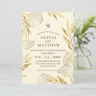 Convite Casamento Dourado com Folha de Luxo Crema