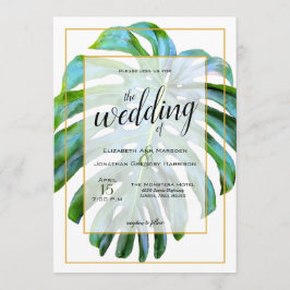 Convite Casamento Dourado com Folha de Monstera Tropical
