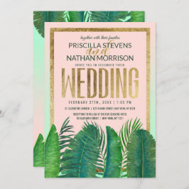 Convite Casamento Dourado com folhas tropicais Banana Leaf
