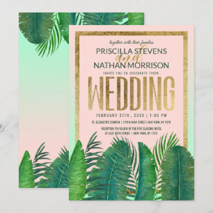 Convite Casamento Dourado com folhas tropicais Banana Leaf