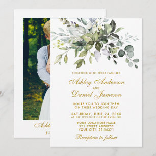Convite Casamento Dourado com Foto de Verde Folhagem em Aq