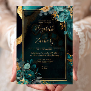 Convite Casamento Dourado com Frame de Agato Teal Floral