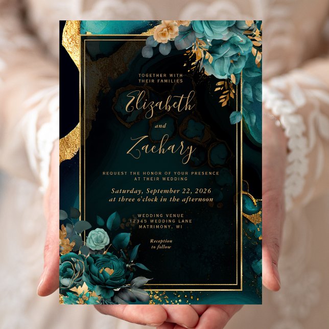 Convite Casamento Dourado com Frame de Agato Teal Floral (Criador carregado)