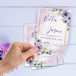 Convite Casamento Dourado com Frame Floral Branco Roxo Ele