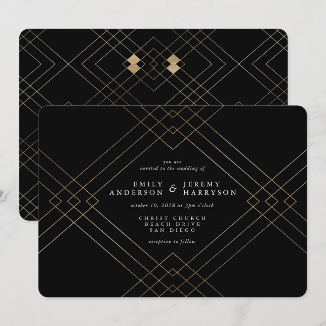 Convite Casamento Dourado com Gatsby Black Diamond (Frente/Verso)