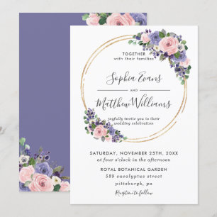 Convite Casamento Dourado com Lavanda Roxo-Roxo