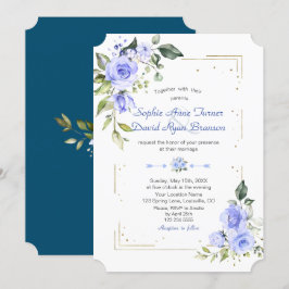 Convite Casamento Dourado com Lobras Azuis de Aquarela