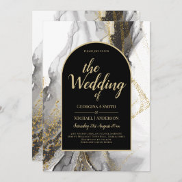 Convite Casamento Dourado com mármore preto moderno, Marbl