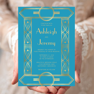 Convite Casamento Dourado com o Deco Frame Turquoise