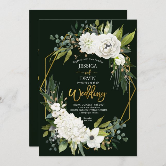 Convite Casamento Dourado com o Elegante Verde Floral Bran (Frente/Verso)