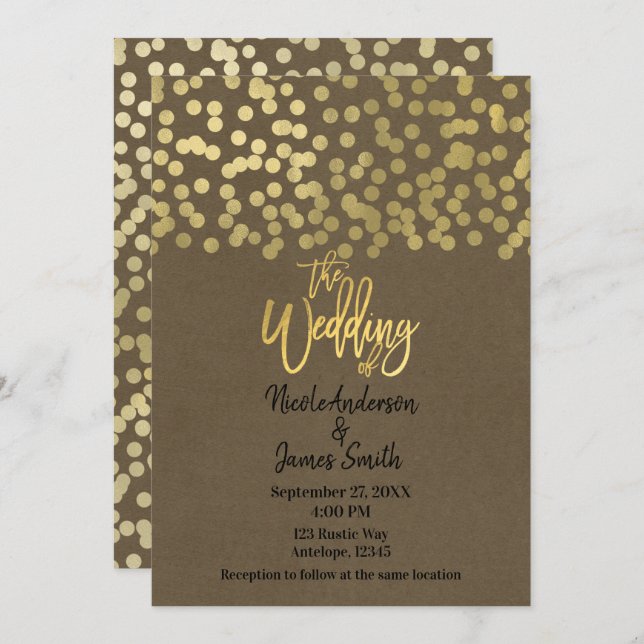Convite Casamento Dourado com o Kic Rustic Kraft Moderno (Frente/Verso)