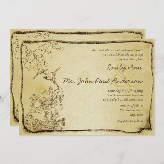 Convite Casamento Dourado com Pergaminho Metálico de Aves  (Frente/Verso)