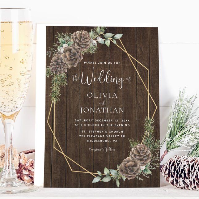 Convite Casamento Dourado com pinheiro de inverno Rustic C (Criador carregado)