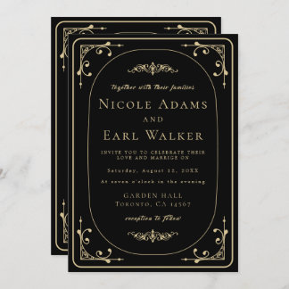 Convite Casamento Dourado com Retrorna Deco Elegante Negro