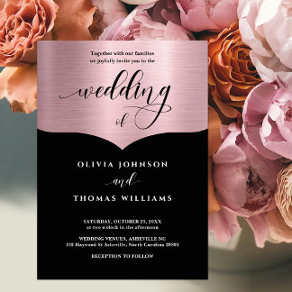 Convite Casamento Dourado com Rosa de Metálico Negro de Sc