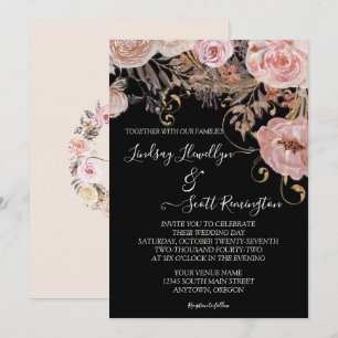 Convite Casamento Dourado com Rosa Floral de Cores Aquáti