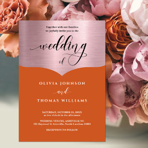 Convite Casamento Dourado com Rosa Metálico Laranja de Scr