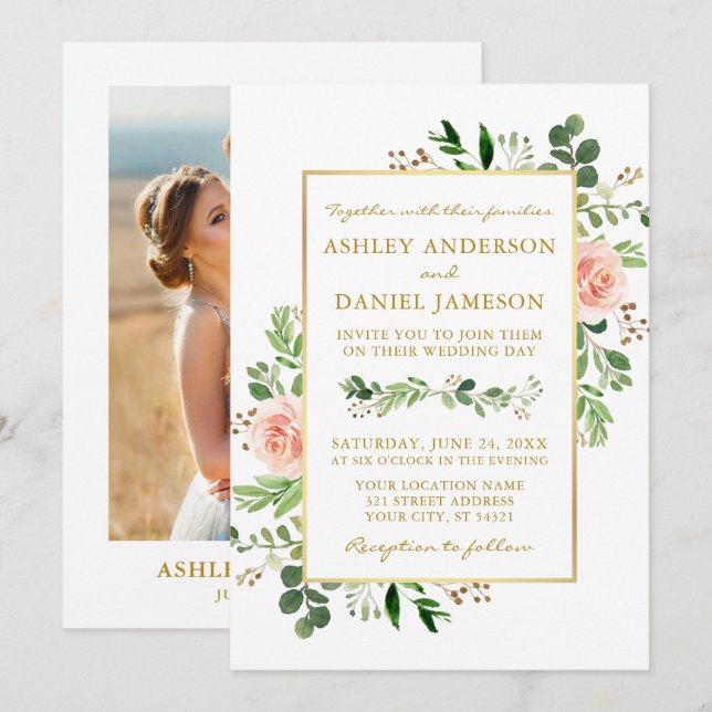 Convite Casamento Dourado com Rosas Rosa Cinzentas de Aqua (Frente/Verso)