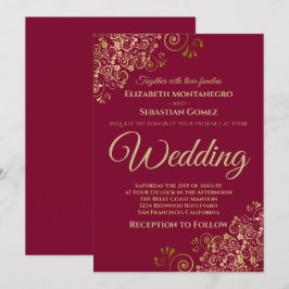 Convite Casamento Dourado com Simples Chic Maroon Burgundy