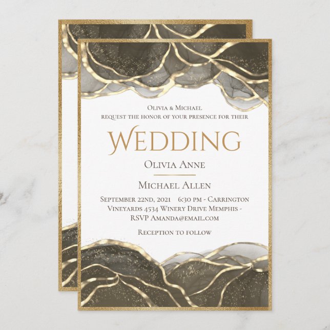 Convite Casamento Dourado com Tinta Álcool Elegante (Frente/Verso)