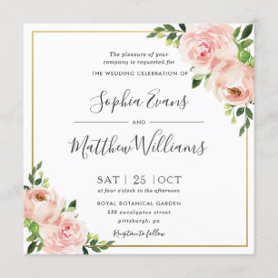 Convite Casamento Dourado com Verde Floral Cor-de-Rosa Chi