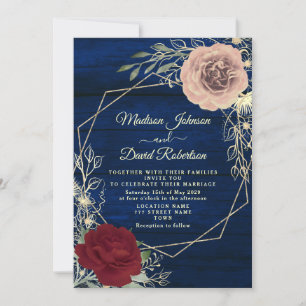 Convite Casamento Dourado Cor-de-rosa-Blush Azul-Burgundy 