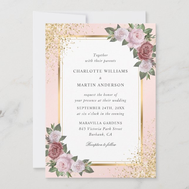 Convite Casamento Dourado Cor-de-rosa Blush Confetti (Frente)