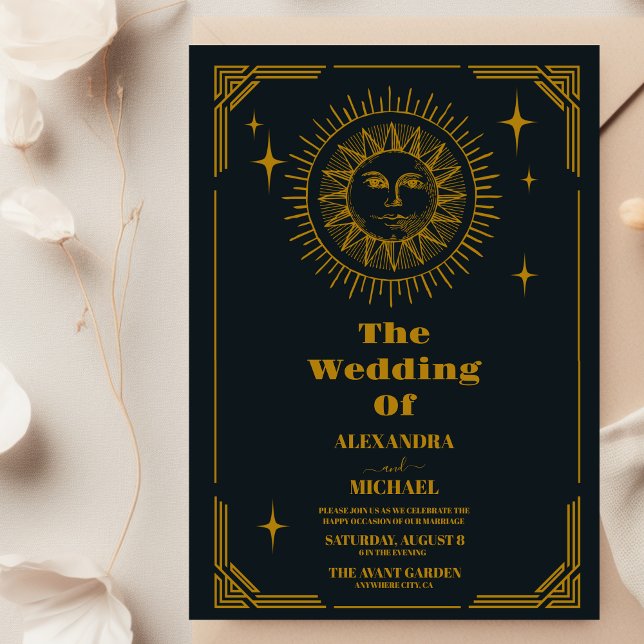 Convite Casamento Dourado Crescente Celestial (Criador carregado)