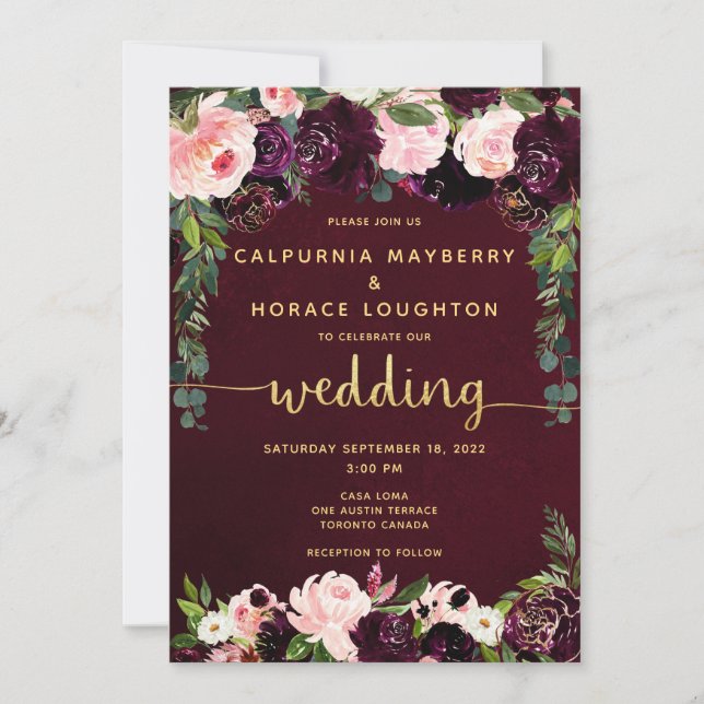 Convite Casamento Dourado da Caligrafia Blush Burgundy (Frente)