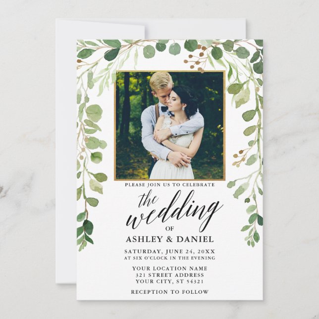 Convite Casamento Dourado da Caligrafia Verde Botânica (Frente)