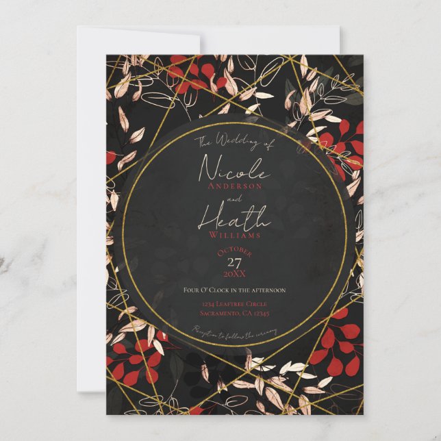 Convite Casamento Dourado da Cinza Negra Negra Floral Negr (Frente)