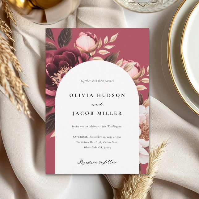 Convite Casamento Dourado da Elegante Burgundy (Criador carregado)