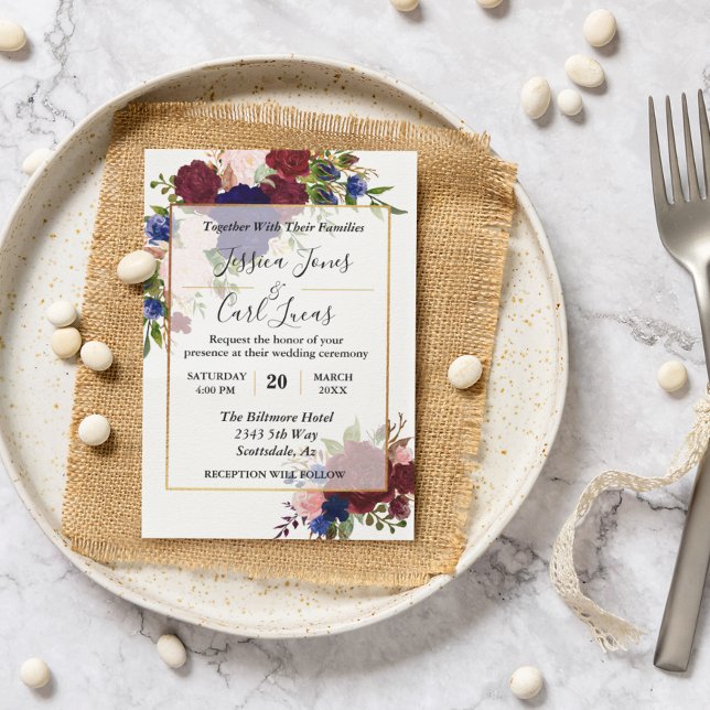 Convite Casamento Dourado da Frame Dourada da Burgundia ma (Criador carregado)