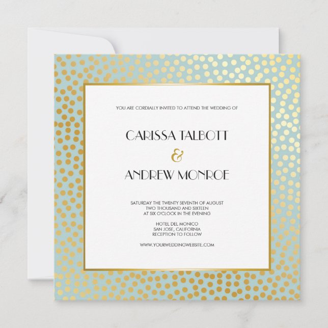 Convite Casamento Dourado da hortelã moderna das bolinhas (Frente)
