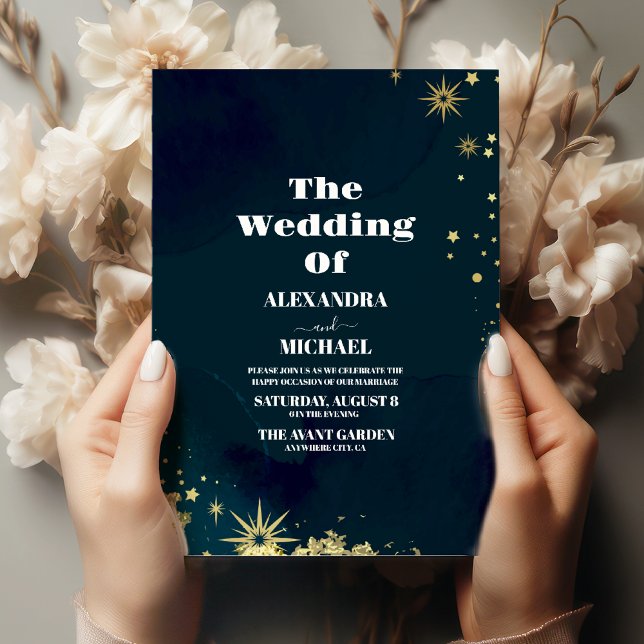 Convite Casamento Dourado da Lua da Estrela Azul Místico (Criador carregado)