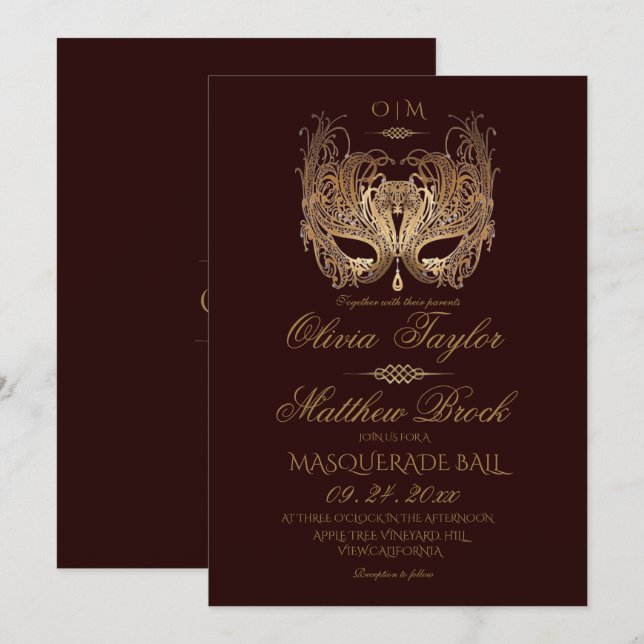 Convite Casamento Dourado da Mascarada Burgundy (Frente/Verso)