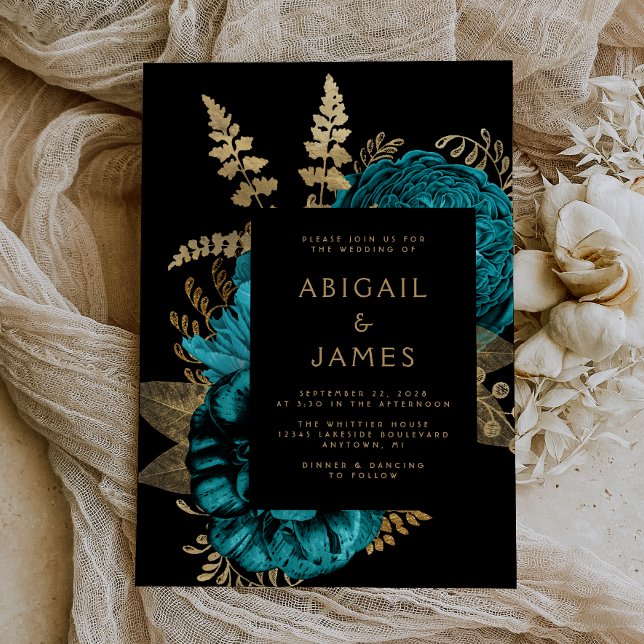 Convite Casamento Dourado da Turquesa Floral Escura Elegan (The perfect choice for a romantic turquoise and gold themed wedding.)