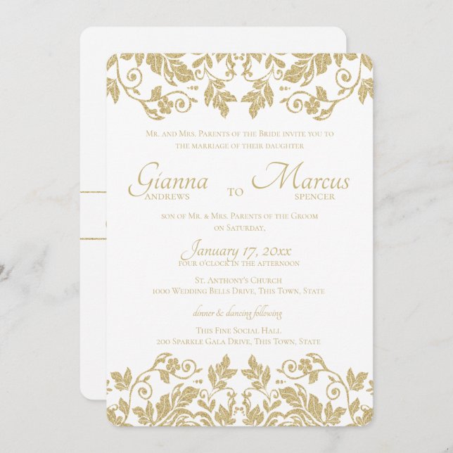 Convite Casamento Dourado Damask Emblem (Frente/Verso)