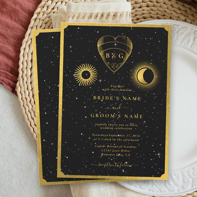 Convite Casamento Dourado das Estrelas Celestiais Crescent (Celestial Stars Crescent Moon Black Gold Wedding Invitation)
