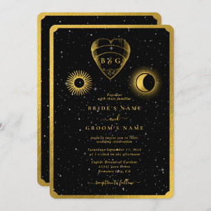 Convite Casamento Dourado das Estrelas Celestiais Crescent
