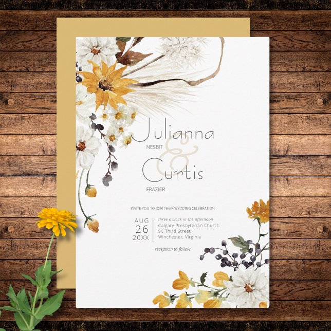 Convite Casamento Dourado das Flores Amarelas do Ouro Boho (Boho Golden Yellow Meadow Flowers Gold Wedding Invitation)