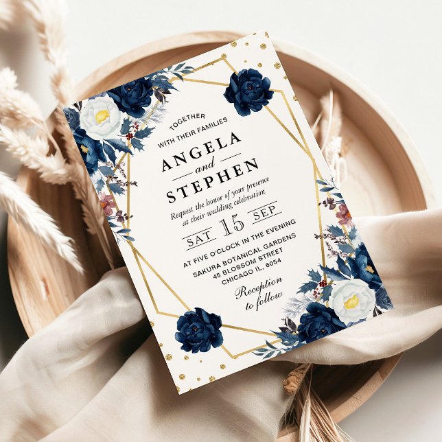 Convite Casamento Dourado das Flores Azuis e Brancas de in (Criador carregado)