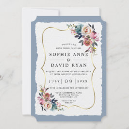 Convite Casamento Dourado das Flores Azuis e Dusty Modern