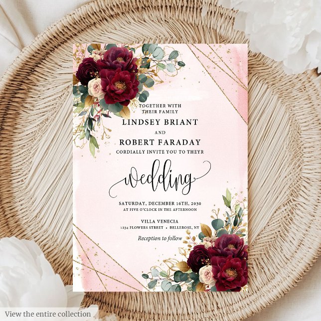Convite Casamento Dourado das Flores Brancas Clássicas Boh (Classic Boho Merlot Gold White Flowers Wedding Invitation)