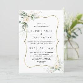 Convite Casamento Dourado das Flores Brancas Elegante Airy