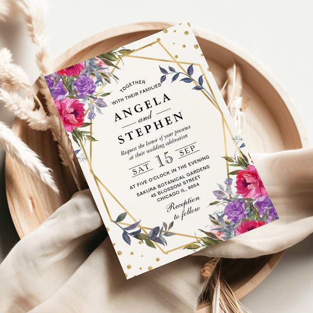 Convite Casamento Dourado das Flores de primavera Rosa e R (Criador carregado)