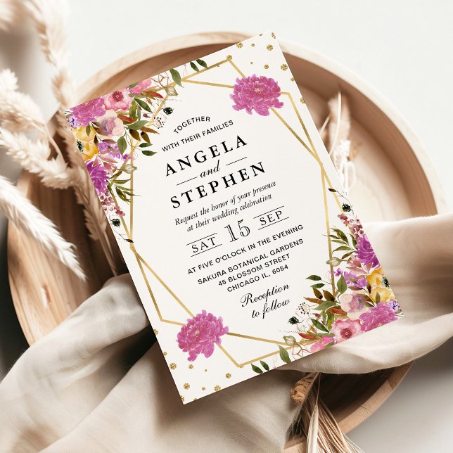 Convite Casamento Dourado das Flores de Verão Rosa e Amare (Criador carregado)