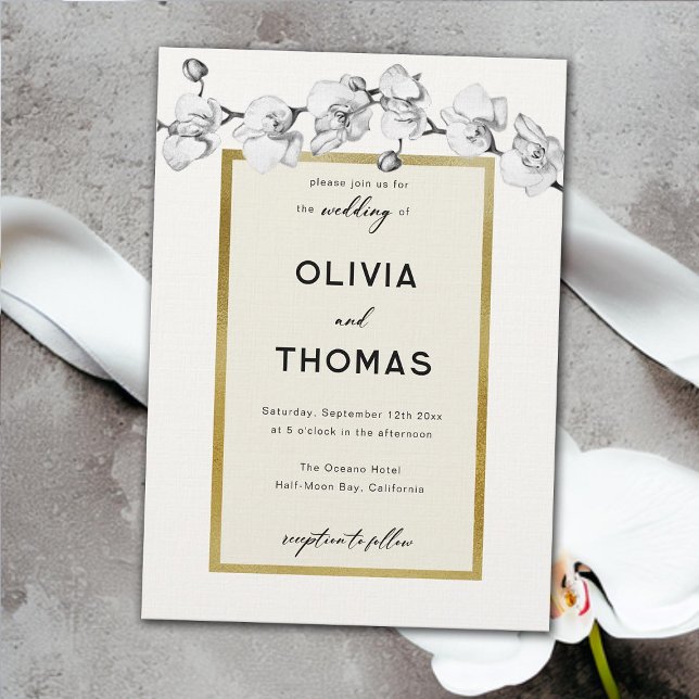 Convite Casamento Dourado das Orquídeas Brancas Negras de  (white orchids black white gold frame modern wedding invitation elegant boho romantic formal classy)